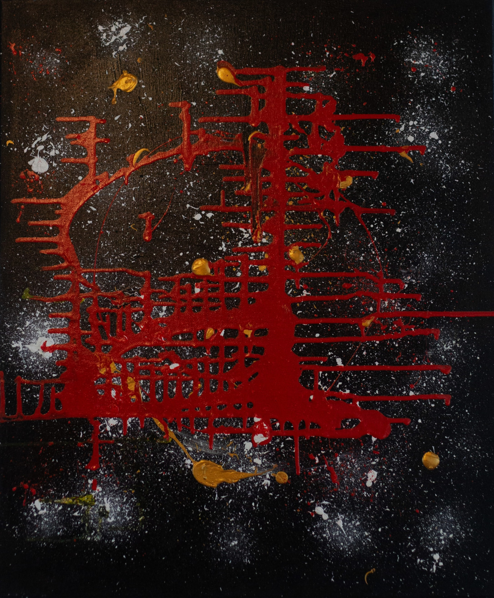 Red Circuitry — Acrylic & gold on canvas by Shev G